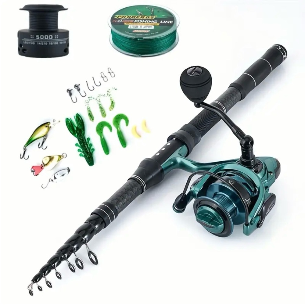 NIB TA PROBEROS CARBON FIBER TELESCOPING FISHING ROD REEL KIT TEAL BAIT LINE 6’
